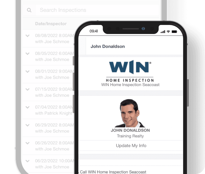 A cellphone displaying WIN Home Inspector bio and headshot.