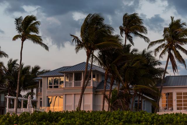 a house with palm trees in front of it