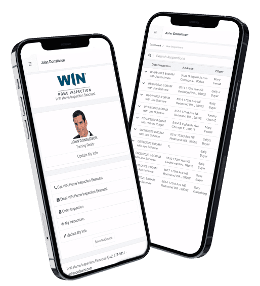 WIN Home Inspection real estate dashboard on a phone