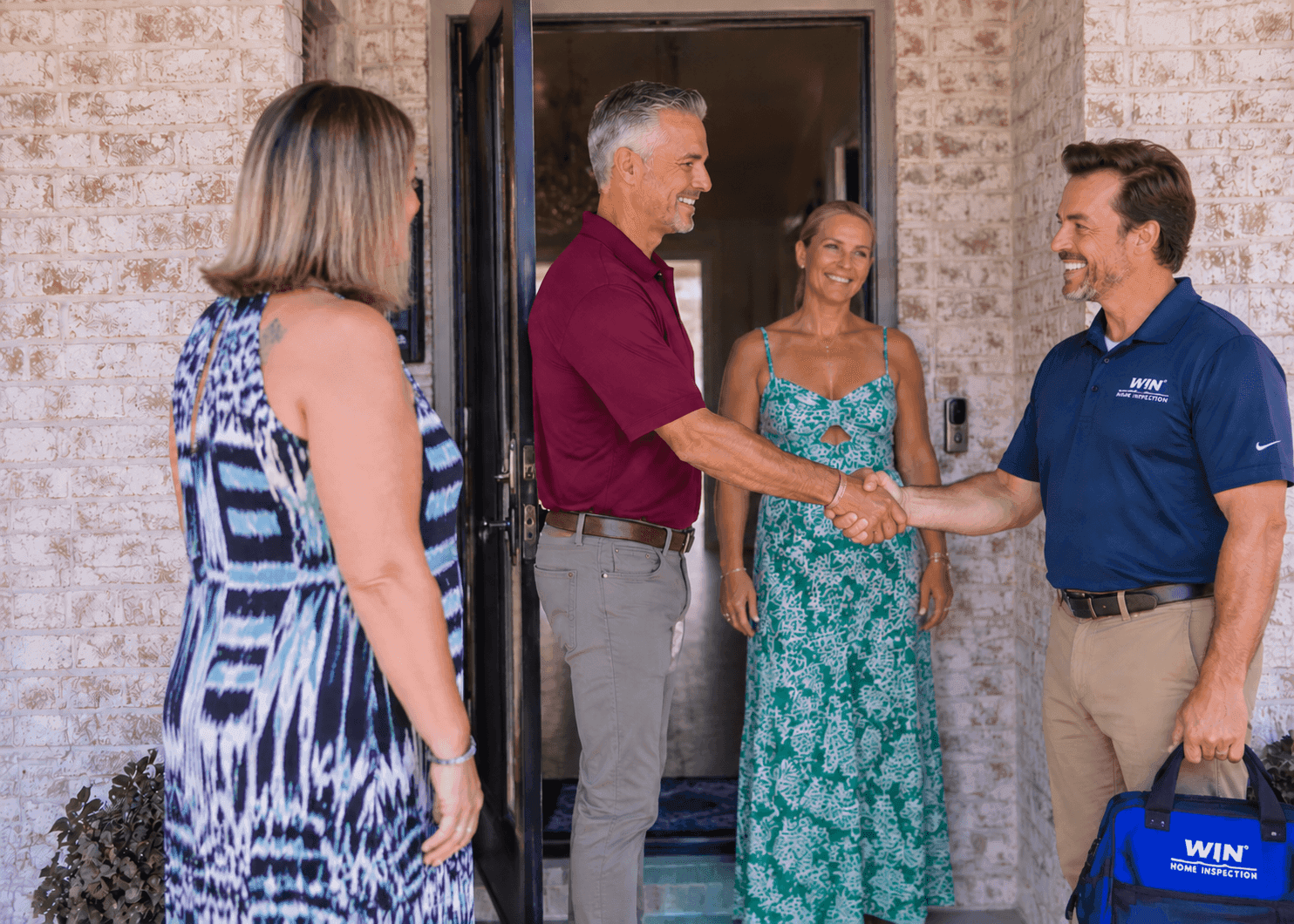WIN Home Inspector shaking hands with client in front of a house door