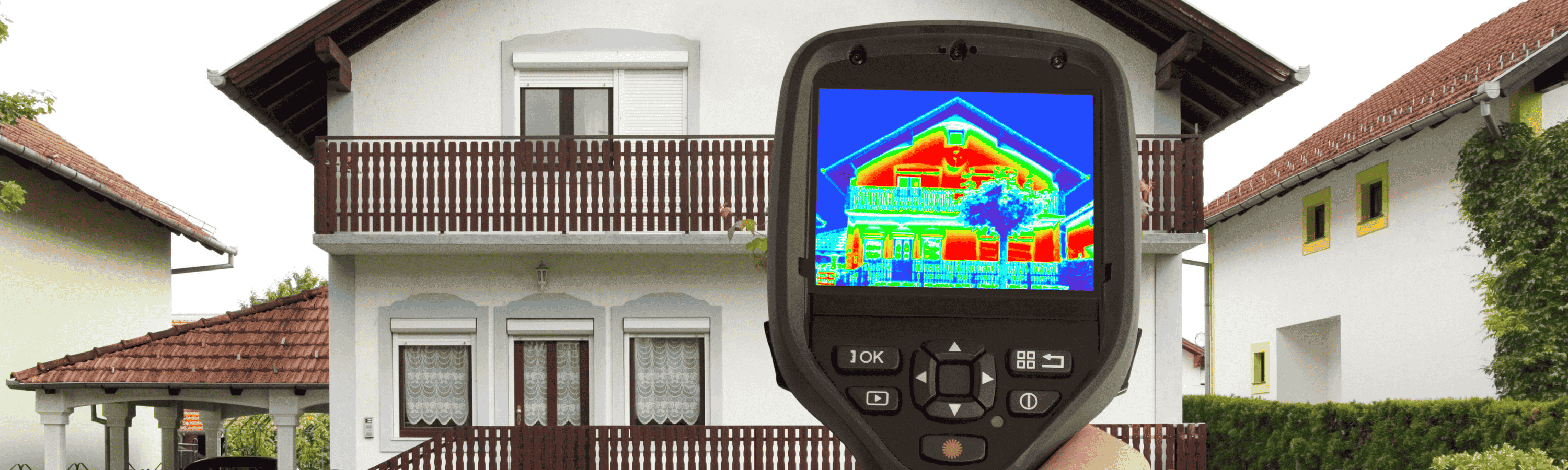 Image showing a house with infrared scan, highlighting hidden moisture, electrical hot spots, HVAC inefficiencies and insulation gaps