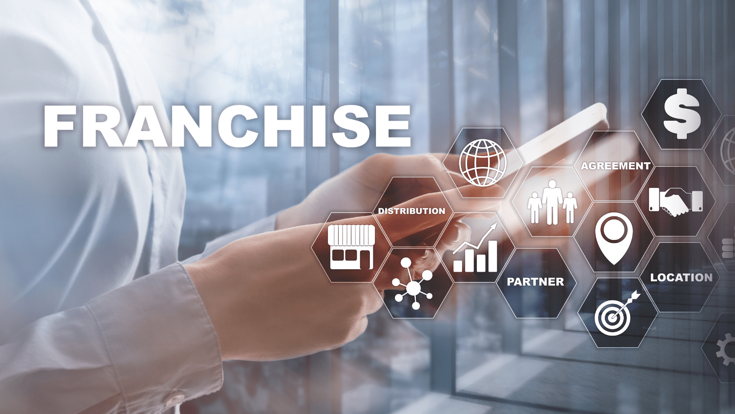Franchise concept on virtual screen. Marketing Branding Retail and Business Work Mission Concept