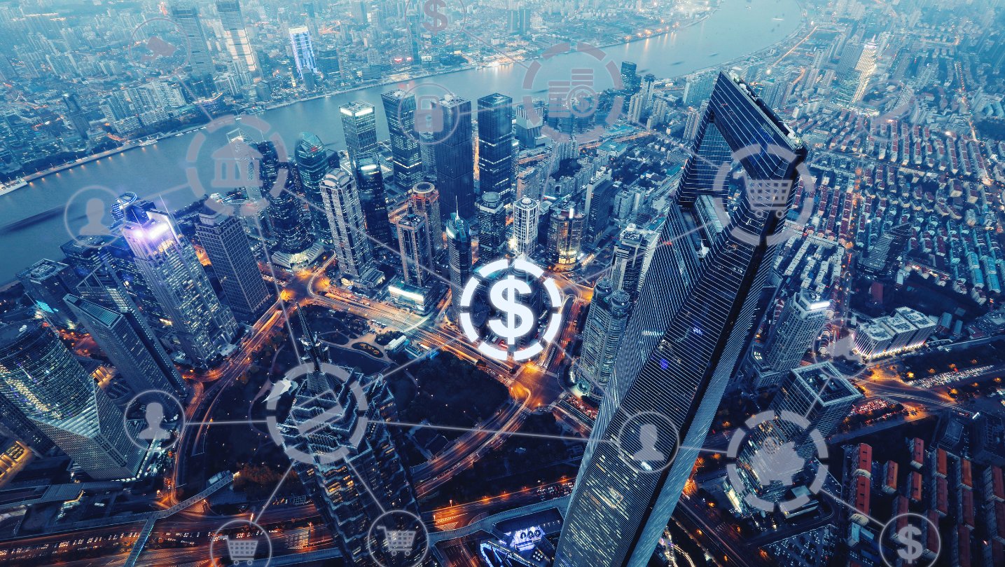 Aerial view of a business city with a dollar sign