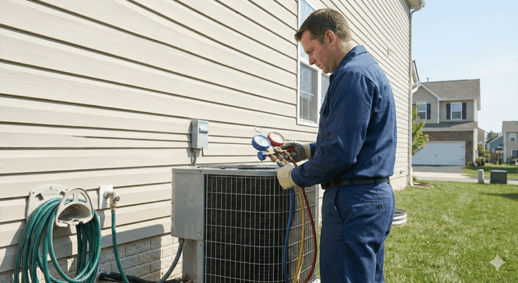 An HVAC technician in a blue uniform services an outdoor air conditioning unit.