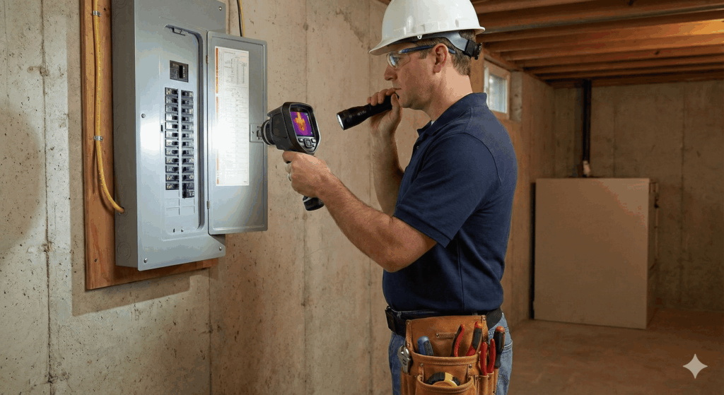 A home inspector uses a thermal imaging camera on an electrical panel in a basement.