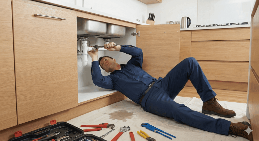 A plumber lying on his back fixes a leak under a kitchen sink.