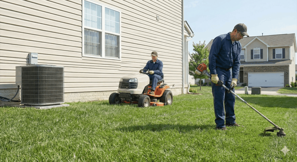 Two landscapers cut the grass with a ride-on mower and a string trimmer.