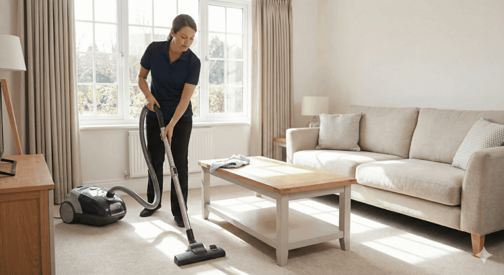 A professional cleaner vacuums a carpeted living room.