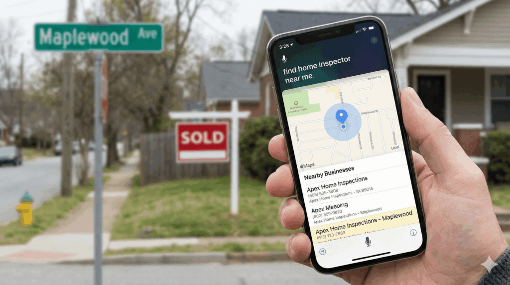 Smartphone displaying local map results for "home inspector near me" voice search.