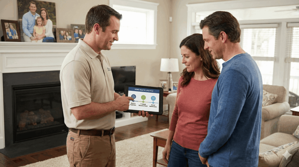 Inspector showing home health lifecycle timeline on tablet to clients.