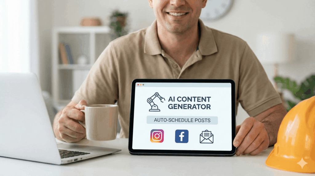 Home inspector at desk using AI content generator app on tablet