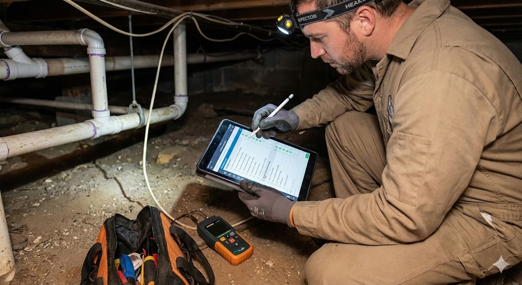 A home inspector completes a digital checklist on a tablet while in a dusty crawlspace.