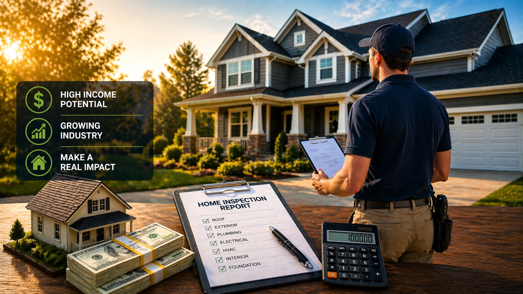 Home inspector assessing a house with money and report, representing high income potential.