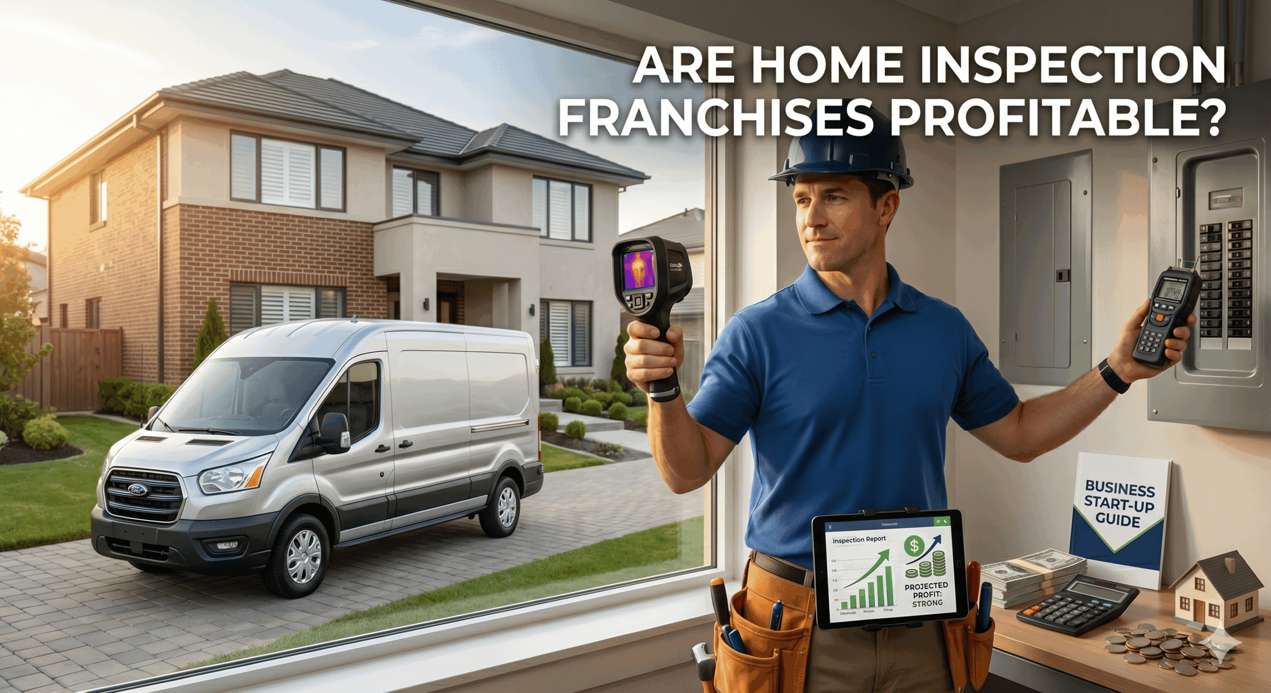 A home inspector with a thermal camera and profitability indicators (money, report). Text asks: Are Home Inspection Franchises Profitable?